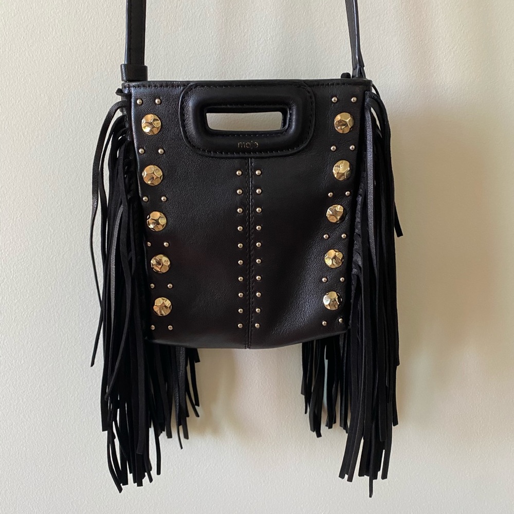 Maje Mini M Fringe Purse with Gold Embellishment